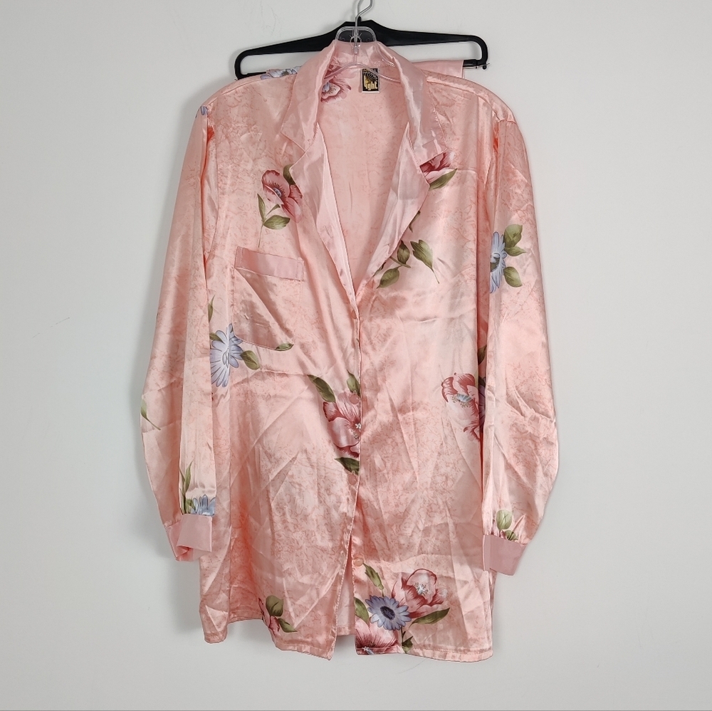Light Lingerie Satin PJ Set Button Down Shirt and Pants Size Large Floral